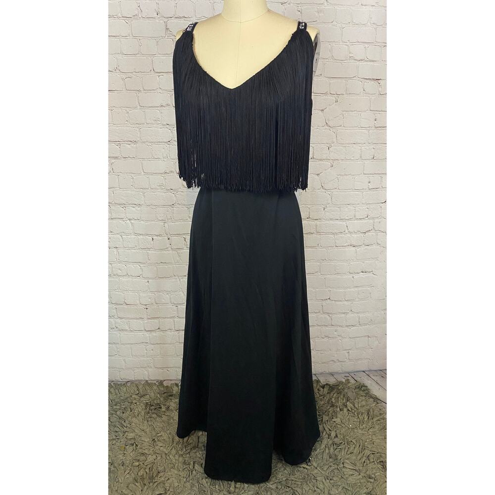 Vintage Fringe 70s Black Polyester Maxi Dress Medium